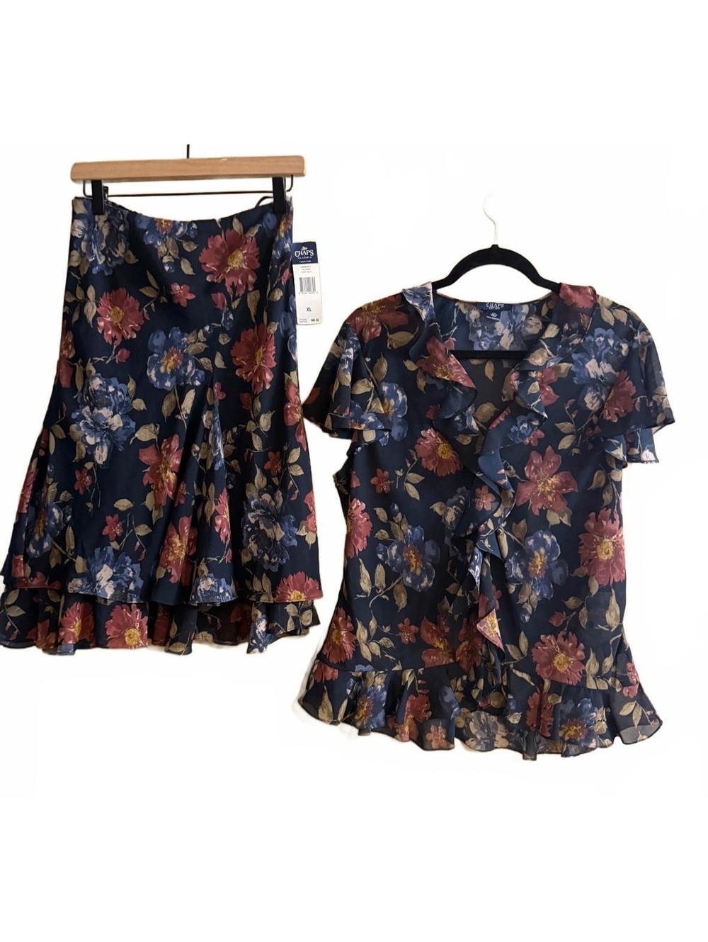 NWT CHAPS navy multi floral ruffle-trim WHIMSY blouse & skirt set size XL